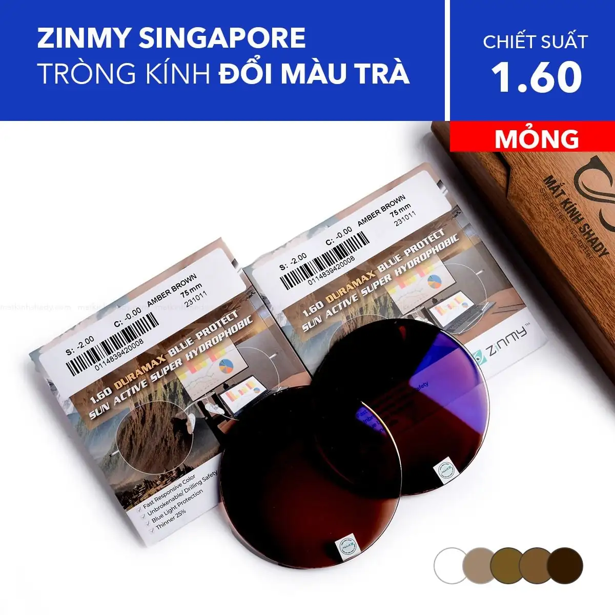 Tròng kính Mỏng Zimmy đổi màu trà 1.60