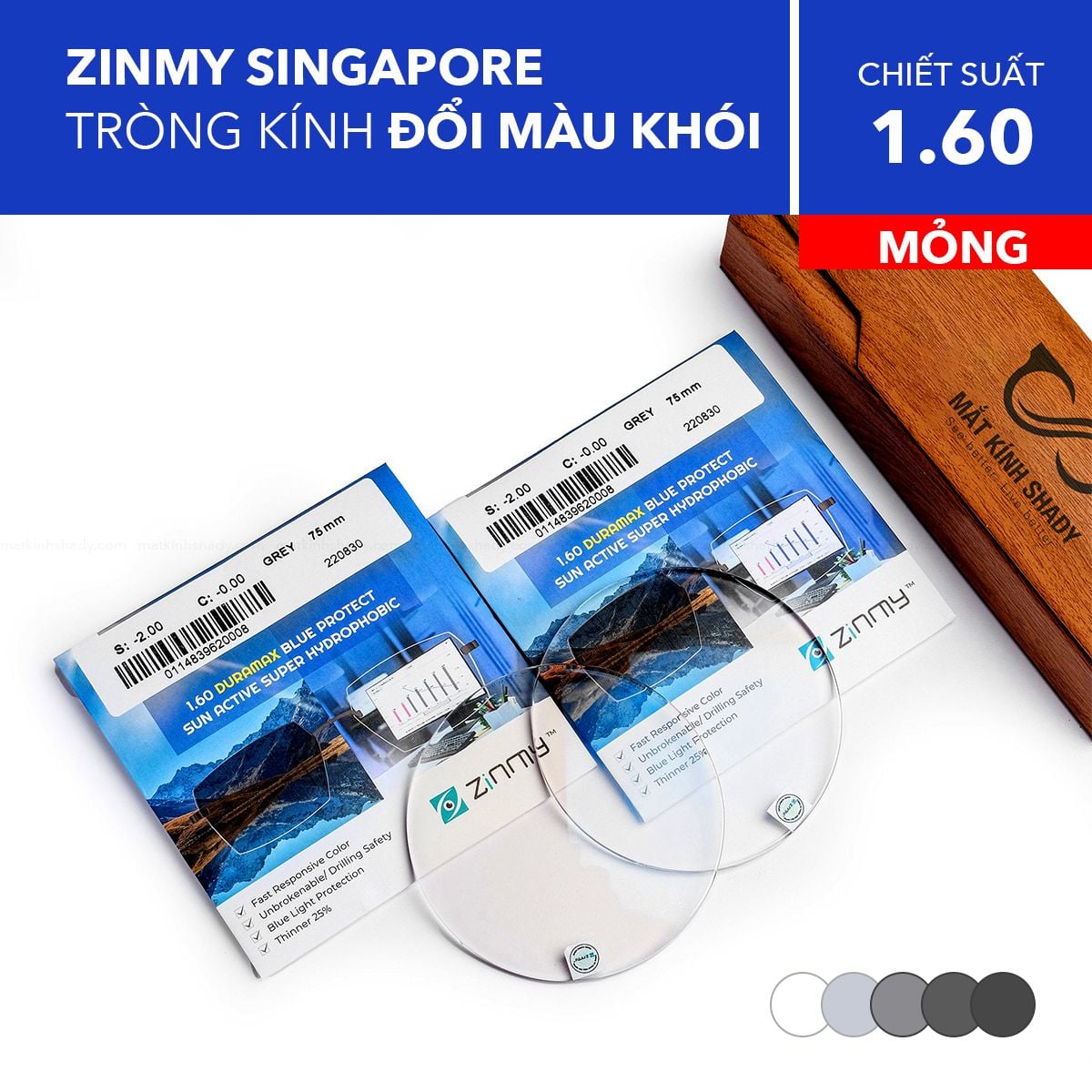 Tròng Kính Siêu Mỏng Đổi Màu Chống Ánh Sáng Xanh Zinmy 1.60